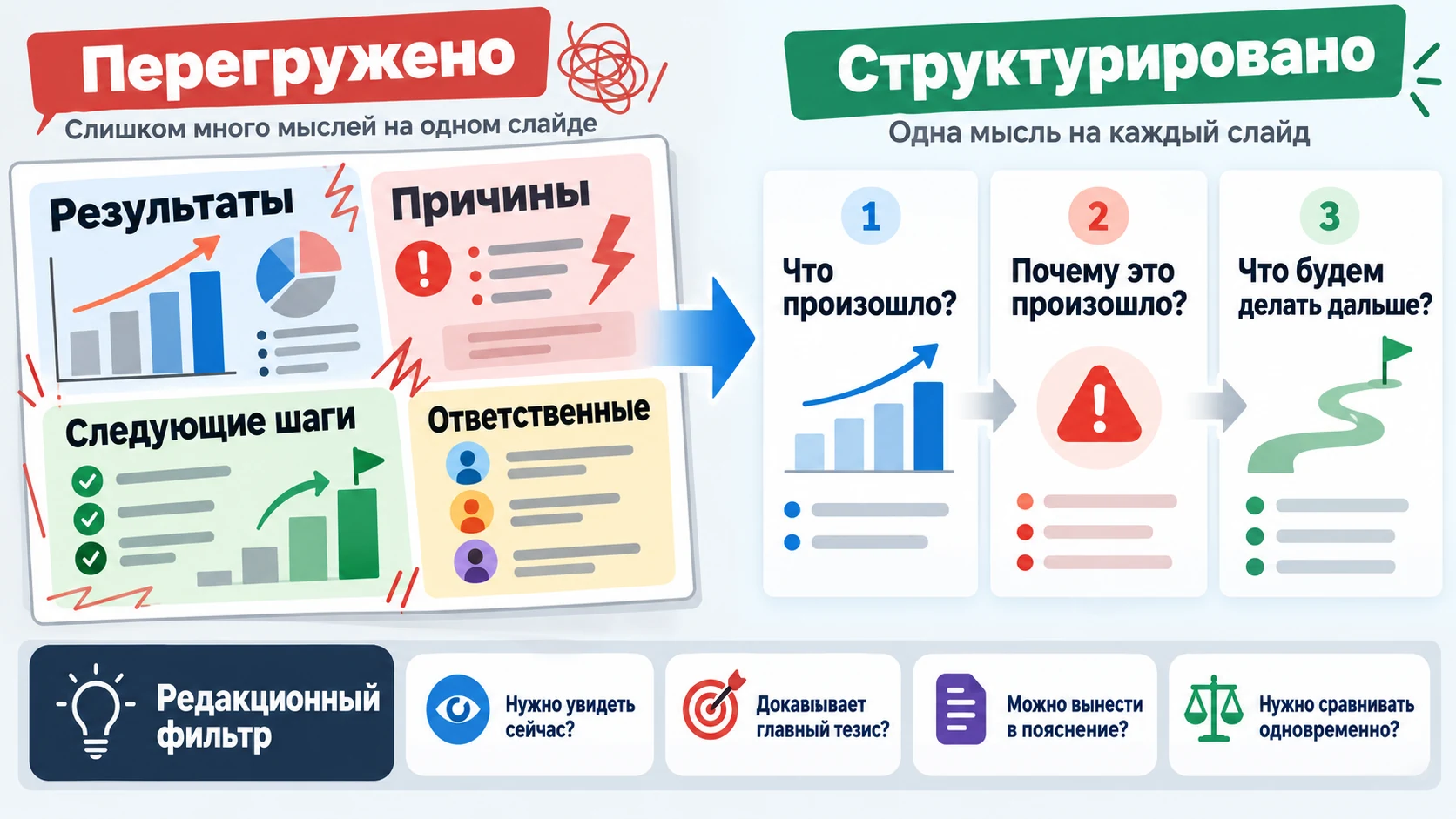 Схема разделения перегруженного слайда на несколько слайдов с отдельными задачами