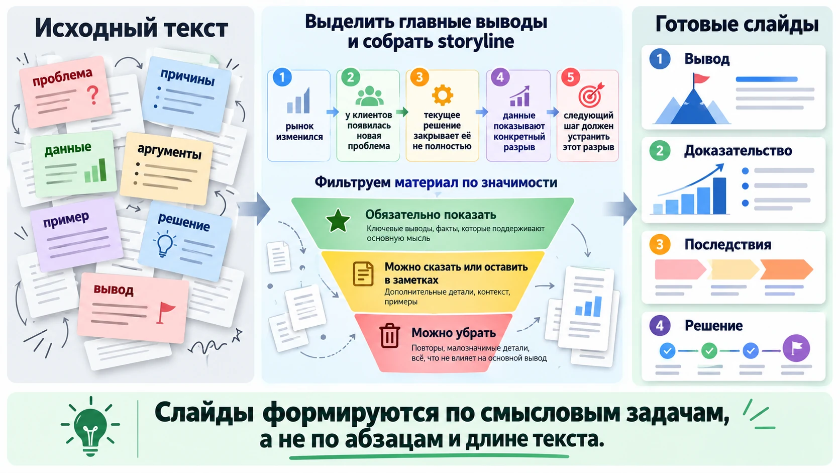 Схема перехода от исходного текста к storyline и слайдам с одной центральной мыслью