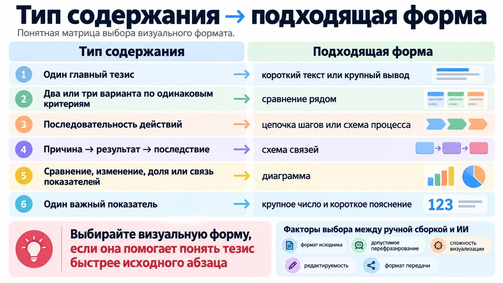 Матрица выбора визуальной формы для разных типов содержания презентации