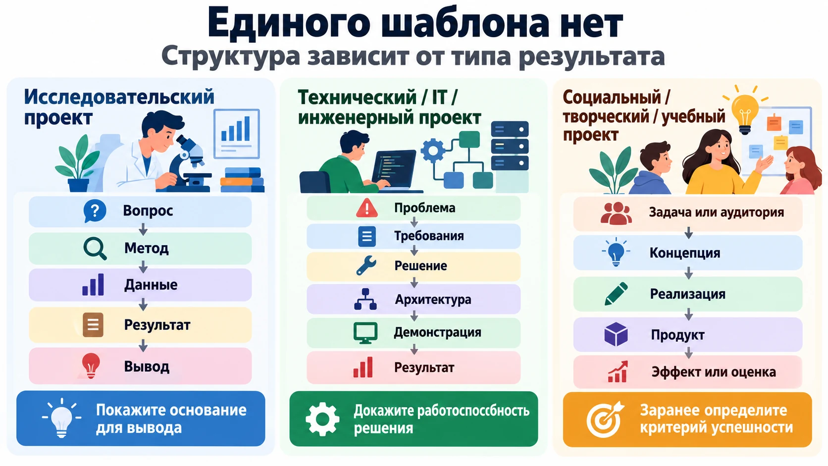 Сравнение структуры защиты исследовательского, технического и творческого проекта