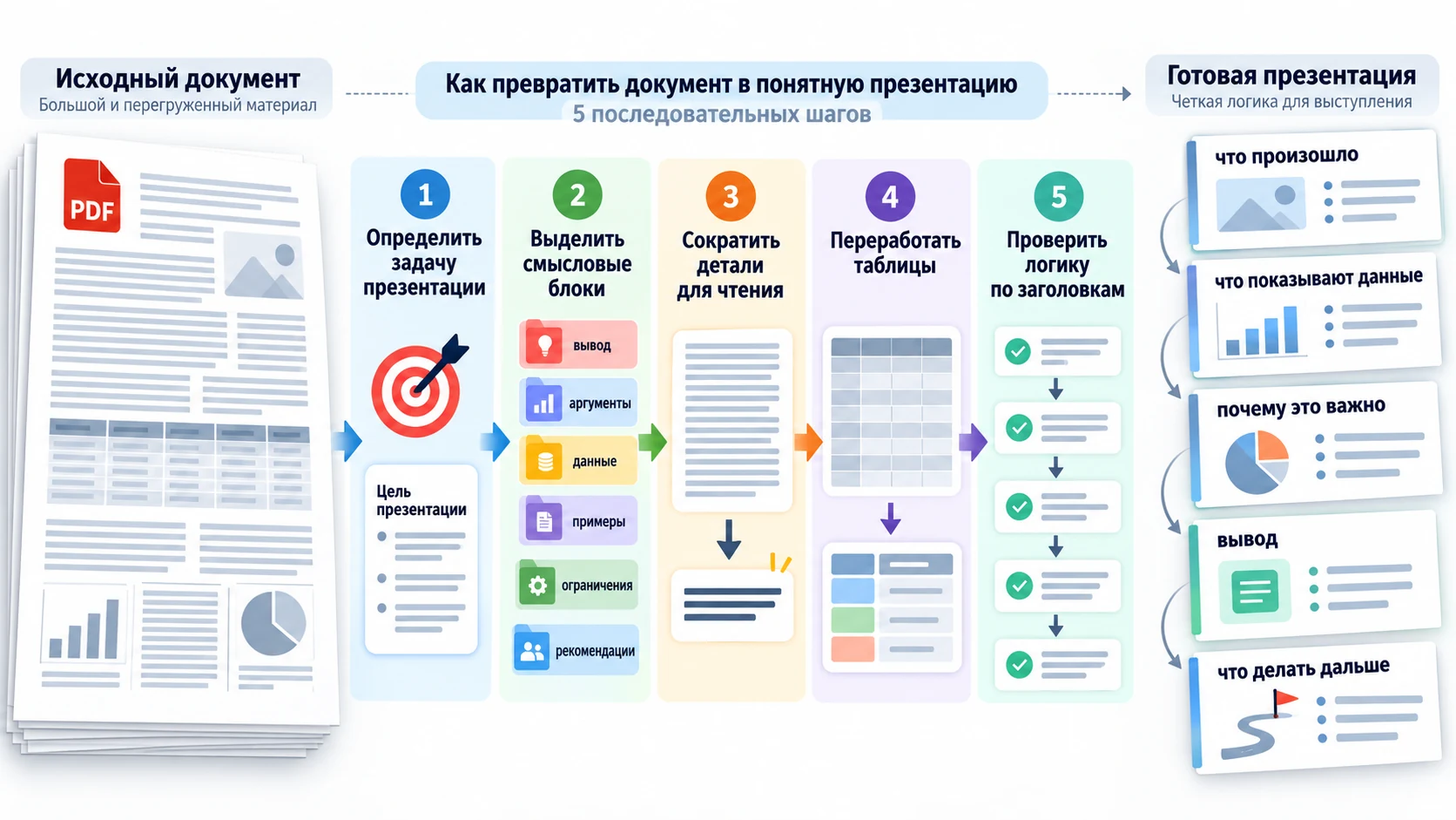 Этапы переработки содержания PDF в презентацию для выступления