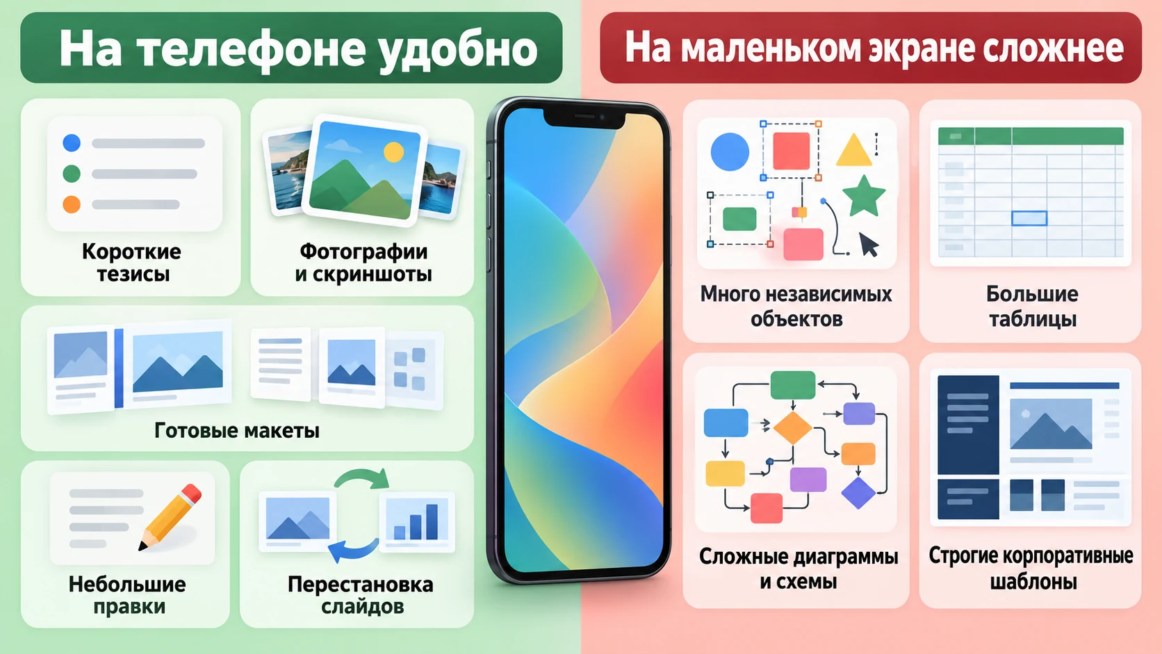 Сравнение удобных и сложных задач при создании презентации на телефоне