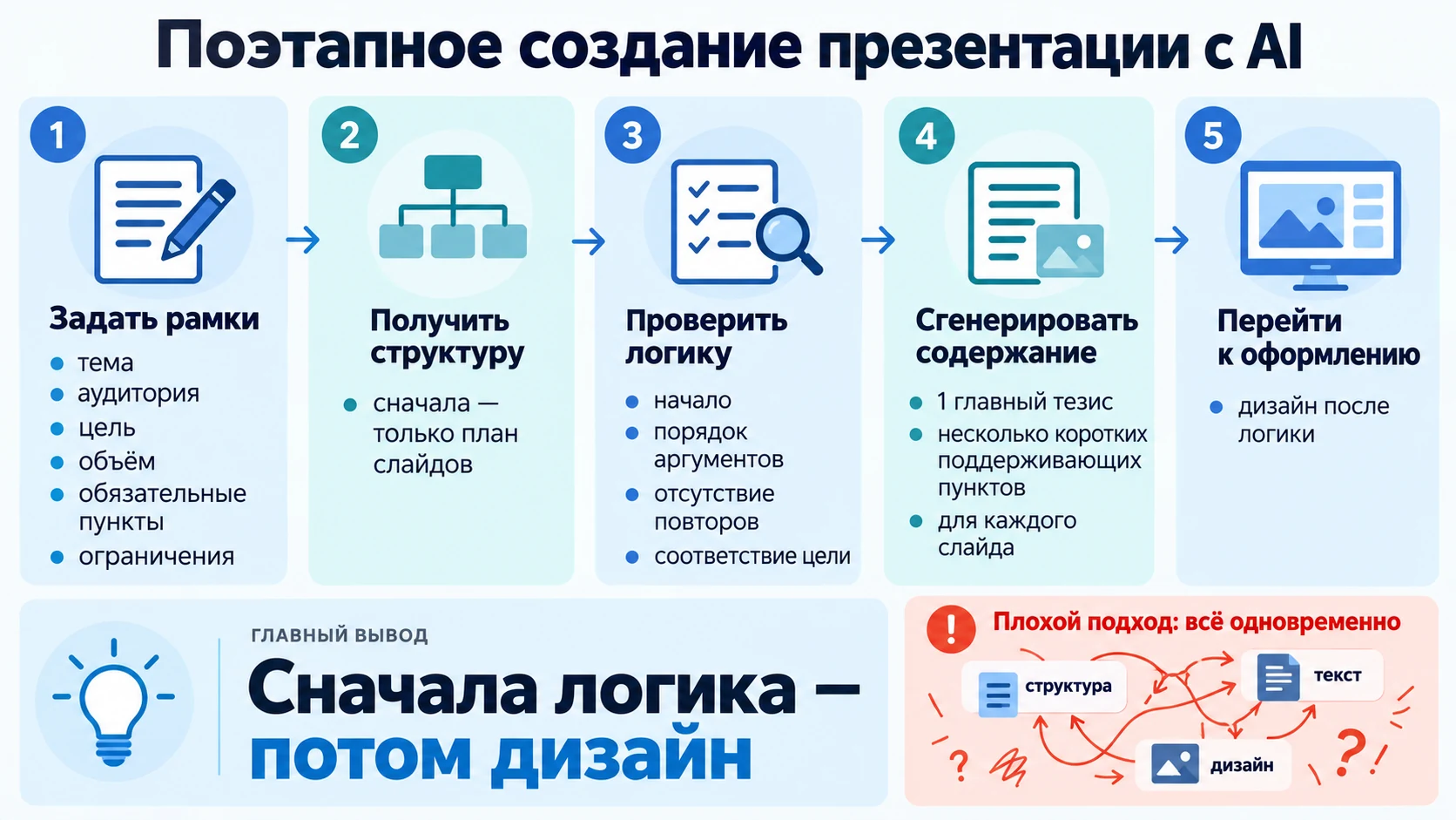 Схема от постановки задачи и структуры до содержания и дизайна презентации