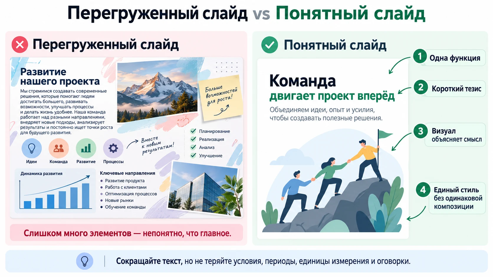 Принципы хорошего слайда: одна задача, короткий текст и содержательный визуал