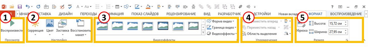 панель форматирование внешнего вида втроенного видео в презентации